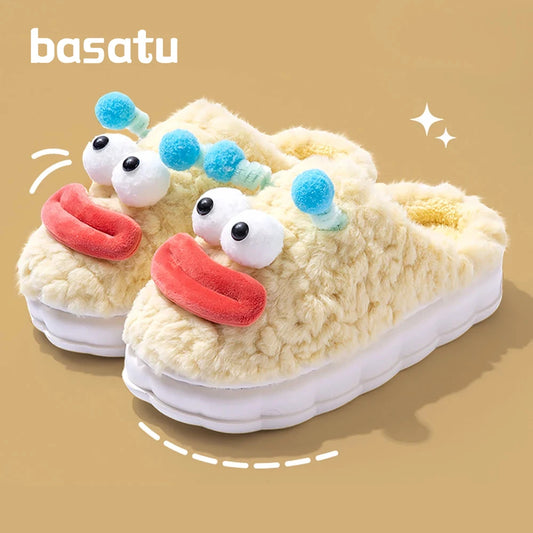 BASATU Cute Cotton Slippers Women Indoor Home Thick Bottom Slippers Winter Plush Non-slip Warm Flat Heel Cartoon Cotton Shoes