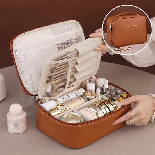 Wholesale PU Large Capacity Tote Makeup Bag Travel Organizer Tolietry Cosmetic Storage Bag Luxury Women Double Layer Pouch